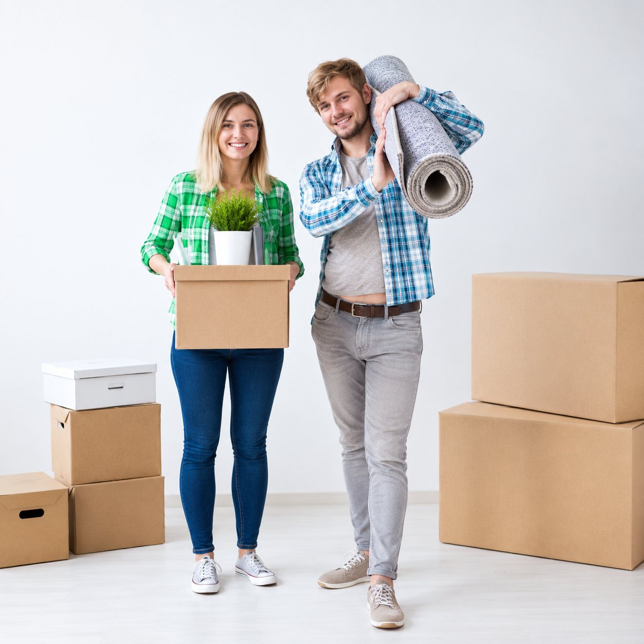 Un jeune couple souriant tient des cartons et un tapis roulé au milieu de piles de cartons de déménagement dans une pièce claire.