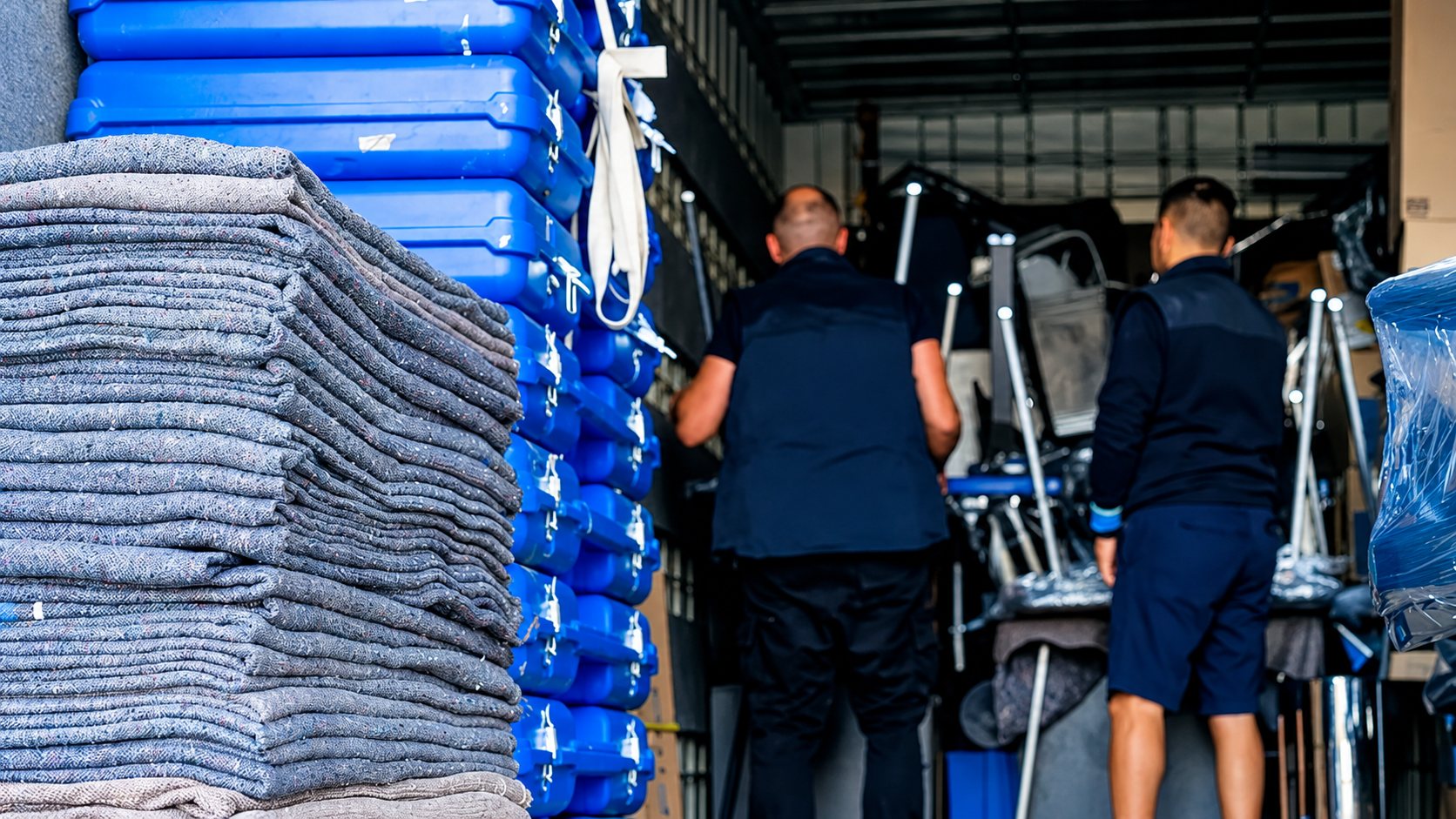Deux déménageurs vus de dos travaillent dans un camion, à côté d’une pile de couvertures de protection grises et de caisses bleues empilées.