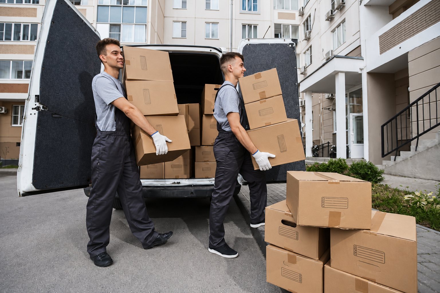 Deux déménageurs en gants transportent des piles de cartons depuis l’arrière d’un camion garé devant un immeuble résidentiel.