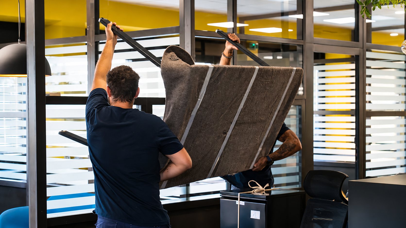 Deux déménageurs soulèvent un meuble protégé par une couverture de transport à l’intérieur d’un open space aux cloisons vitrées.