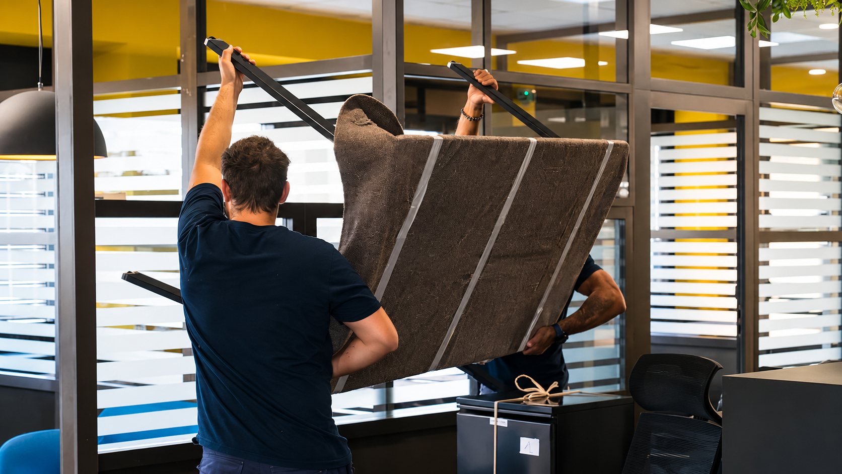 Deux déménageurs soulèvent un grand meuble protégé par une couverture de transport dans un espace de bureaux aux cloisons vitrées.