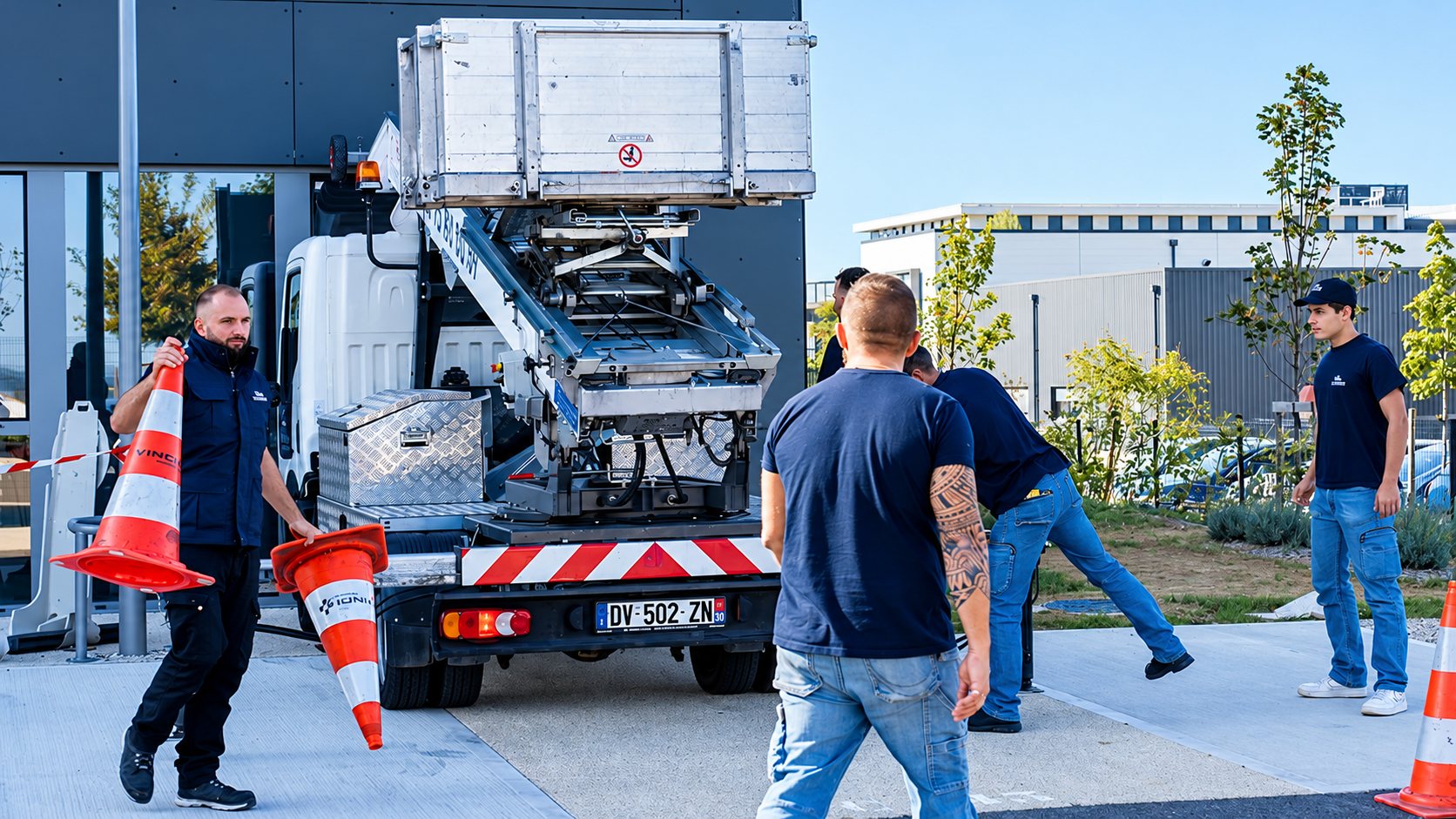 Des employés posent des cônes de signalisation autour d’un camion équipé d’un monte-meubles garé devant un bâtiment moderne.