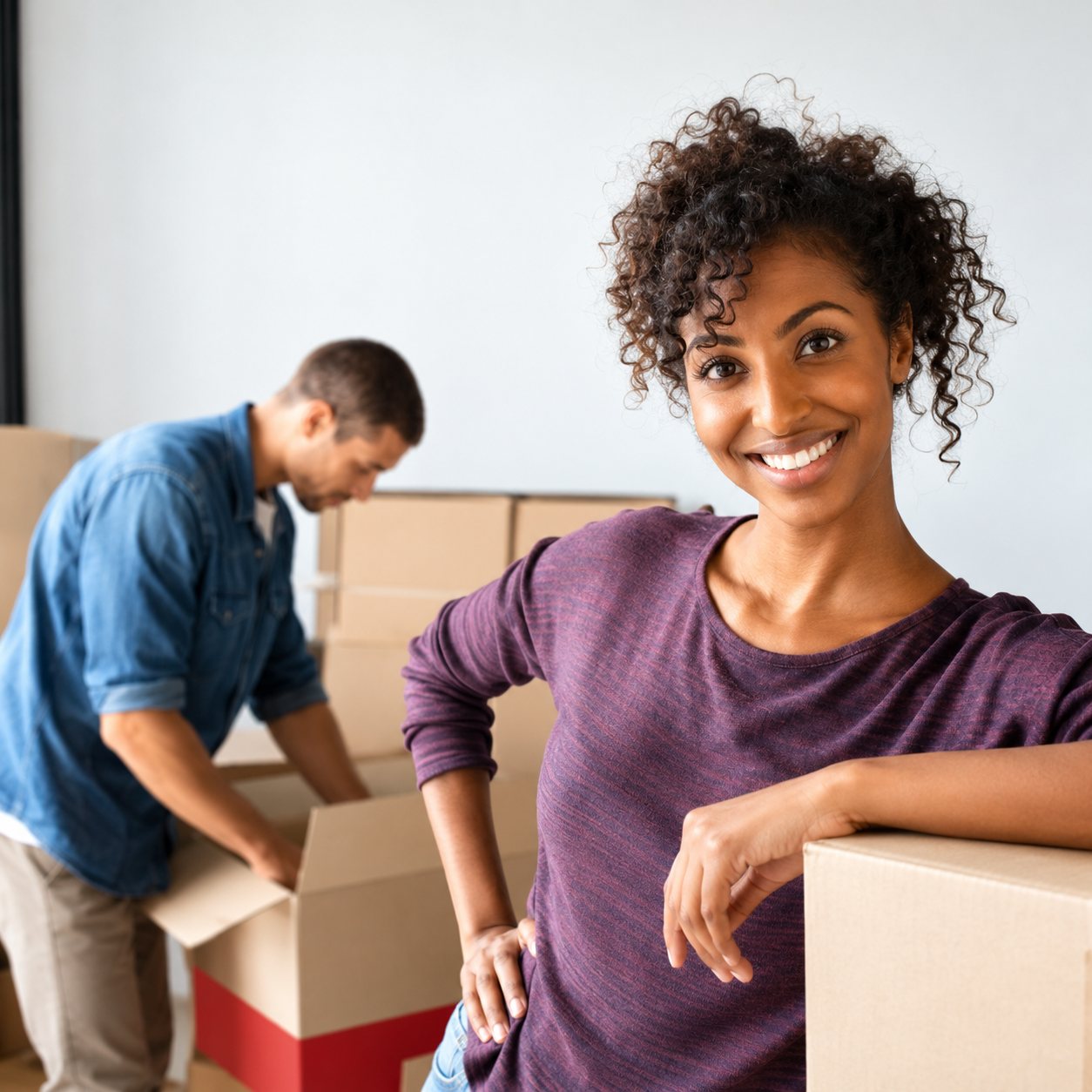 Une femme souriante aux cheveux bouclés, vêtue d’un haut violet, pose au premier plan tandis qu’un homme manipule des cartons de déménagement derrière elle.
